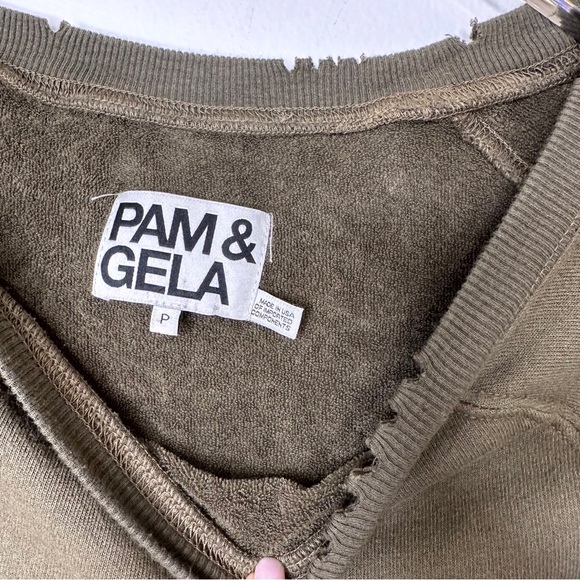 Pam & Gela Destroyed Cold Shoulder Sweatshirt Green P/0/XS - Picture 6 of 11